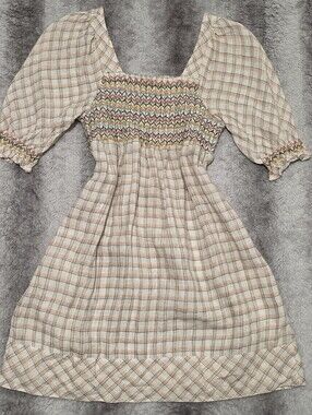 Flaherty 100% Linen Plaid Smocked Bodice Mini Dress | Puff Sleeve Square Neck |